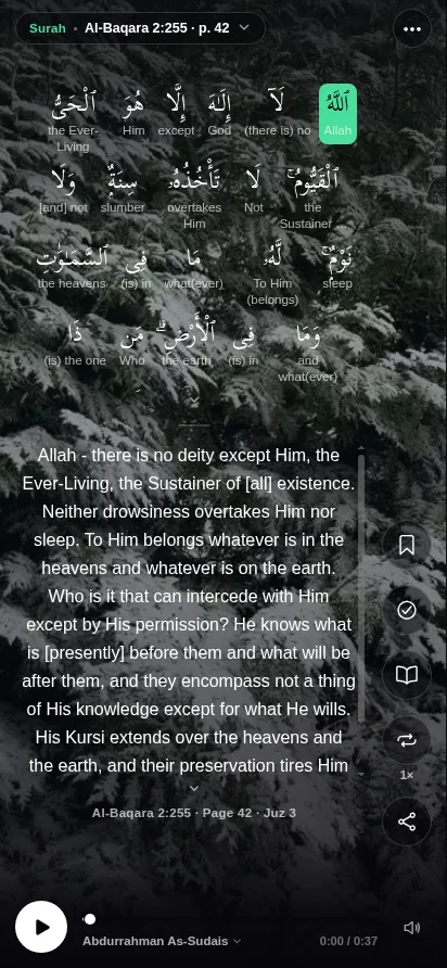 The same verse with each word's meaning printed underneath it, and the word being recited lit in green.